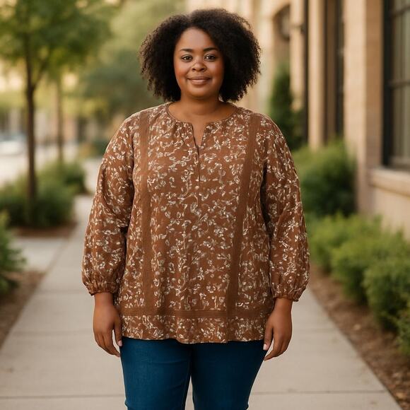 Lands' End Cotton Long Sleeve Split Neck Tunic Top‎ Women's 1X 16-18 Brown Lace - Picture 1 of 8